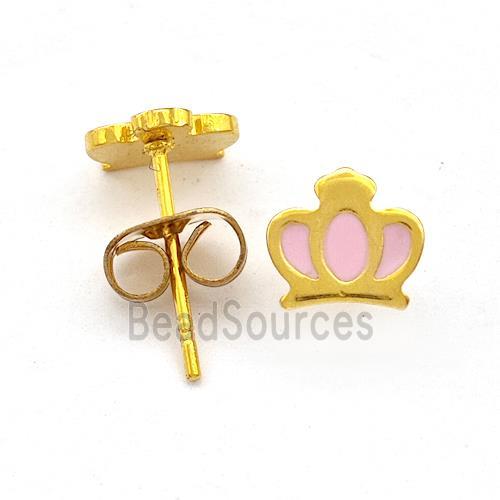 Stainless Steel Crown Stud Earring Pink Enamel Gold Plated