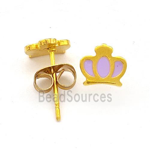 Stainless Steel Crown Stud Earring Lavender Enamel Gold Plated