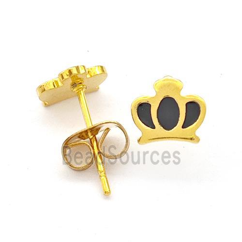 Stainless Steel Crown Stud Earring Black Enamel Gold Plated