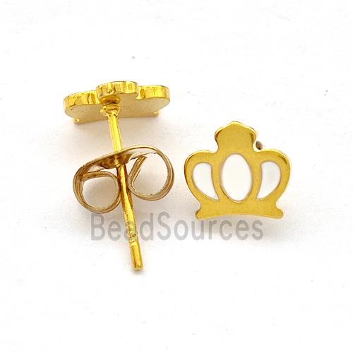 Stainless Steel Crown Stud Earring White Enamel Gold Plated