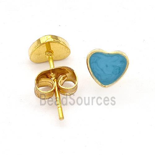 Stainless Steel Heart Stud Earring Teal Enamel Gold Plated