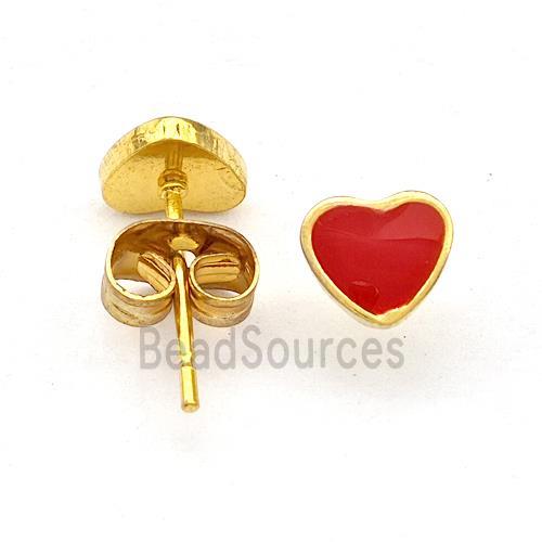 Stainless Steel Heart Stud Earring Red Enamel Gold Plated