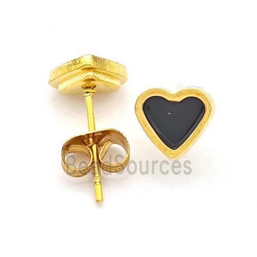 Stainless Steel Heart Stud Earring Black Enamel Gold Plated