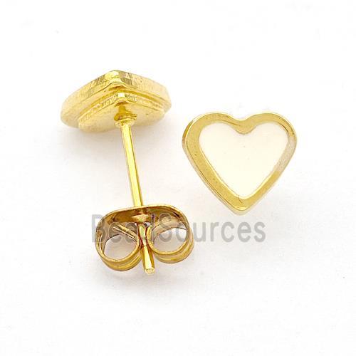 Stainless Steel Heart Stud Earring White Enamel Gold Plated