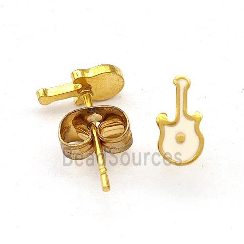 Stainless Steel Guitar Stud Earring White Enamel Gold Plated