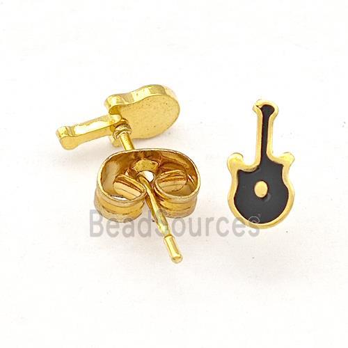 Stainless Steel Guitar Stud Earring Black Enamel Gold Plated