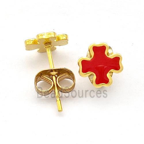 Stainless Steel Cross Stud Earring Red Enamel Gold Plated