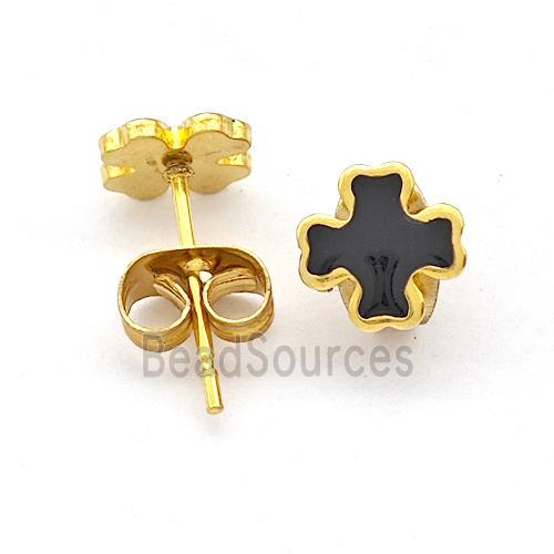 Stainless Steel Cross Stud Earring Black Enamel Gold Plated