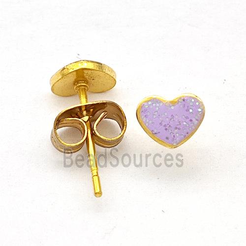 Stainless Steel Heart Stud Earring Pave Lavender Fire Opal Gold Plated