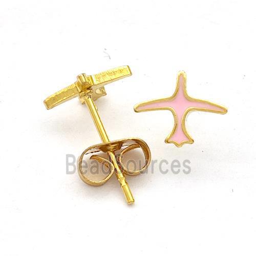 Stainless Steel Airplane Stud Earring Pink Enamel Gold Plated