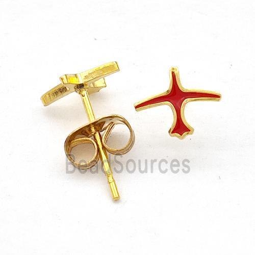 Stainless Steel Airplane Stud Earring Red Enamel Gold Plated