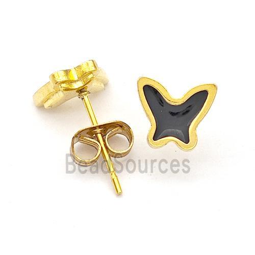 Stainless Steel Butterfly Stud Earring Black Enamel Gold Plated