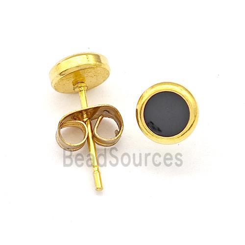 Stainless Steel Circle Stud Earring Black Enamel Gold Plated