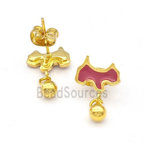 Stainless Steel Dog Stud Earring Red Enamel Gold Plated