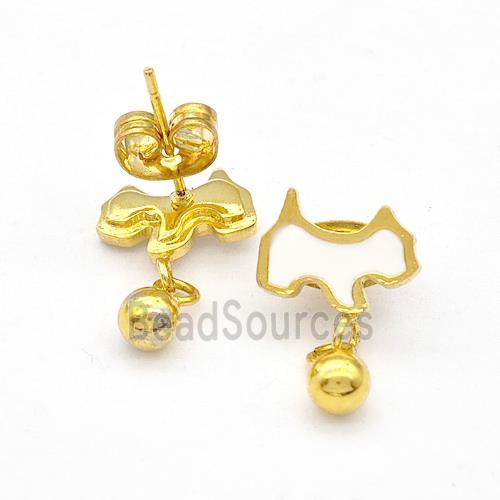 Stainless Steel Dog Stud Earring White Enamel Gold Plated