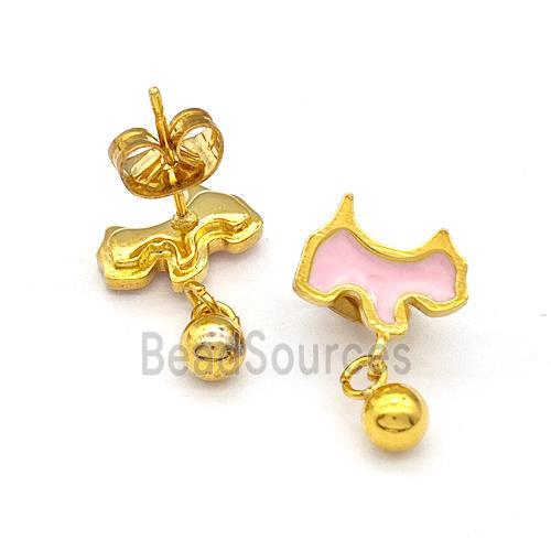 Stainless Steel Dog Stud Earring Pink Enamel Gold Plated