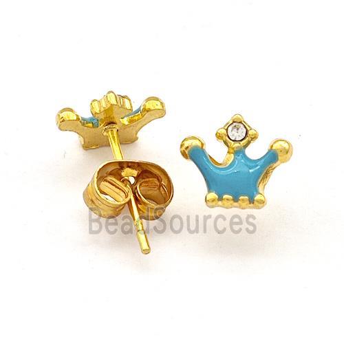 Stainless Steel Crown Stud Earring Teal Enamel Gold Plated