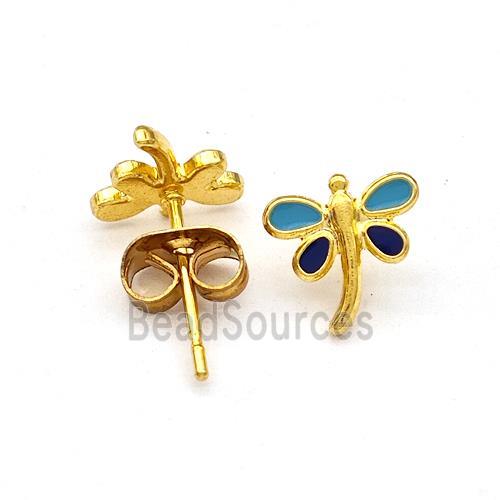 Stainless Steel Dragonfly Stud Earring Enamel Gold Plated