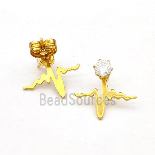 Stainless Steel Heartbeat Stud Earring Pave Rhinestone Gold Plated