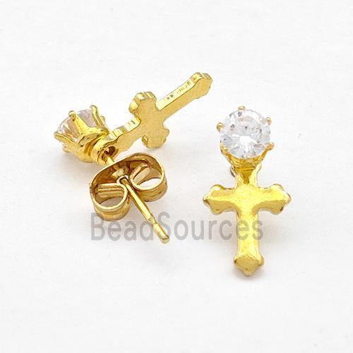 Stainless Steel Cross Stud Earring Pave Rhinestone Gold Plated