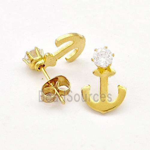 Stainless Steel Anchor Stud Earring Pave Rhinestone Gold Plated