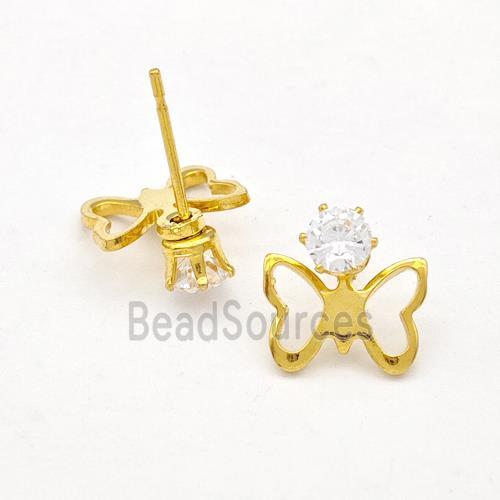 Stainless Steel Butterfly Stud Earring Pave Rhinestone Gold Plated