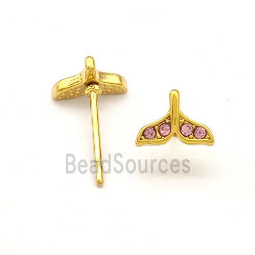 Stainless Steel Stud Earring Pave Pink Rhinestone Shark-tail Gold Plated