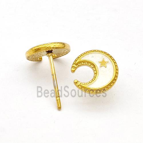 Stainless Steel Moon Star Stud Earring White Enamel Gold Plated