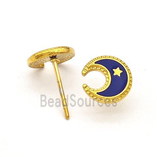 Stainless Steel Moon Star Stud Earring Darkblue Enamel Gold Plated