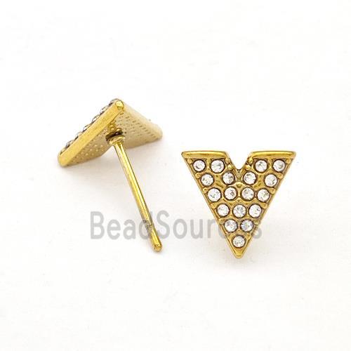 Stainless Steel Stud Earring Pave Rhinestone V-Shape Gold Plated