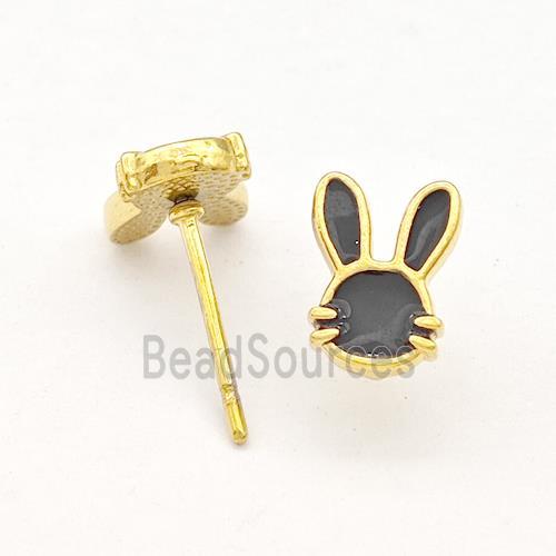 Stainless Steel Rabbit Stud Earring Black Enamel Gold Plated