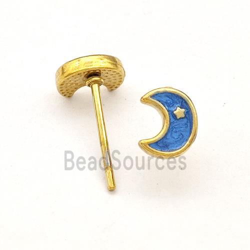 Stainless Steel Moon Stud Earring Blue Enamel Gold Plated