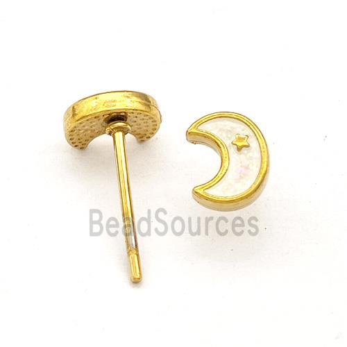 Stainless Steel Moon Stud Earring White Enamel Gold Plated