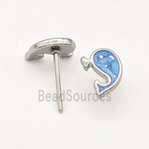 Raw Stainless Steel Dolphin Stud Earring Blue Enamel