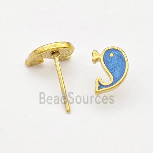 Stainless Steel Dolphin Stud Earring Blue Enamel Gold Plated