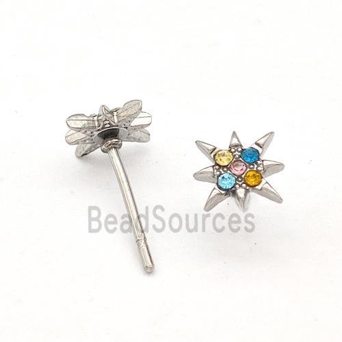 Raw Stainless Steel NorthStar Stud Earring Pave Multicolor Rhinestone