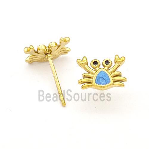 Stainless Steel Crab Stud Earring Blue Enamel Gold Plated