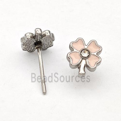 Raw Stainless Steel Clover Stud Earring Pink Enamel