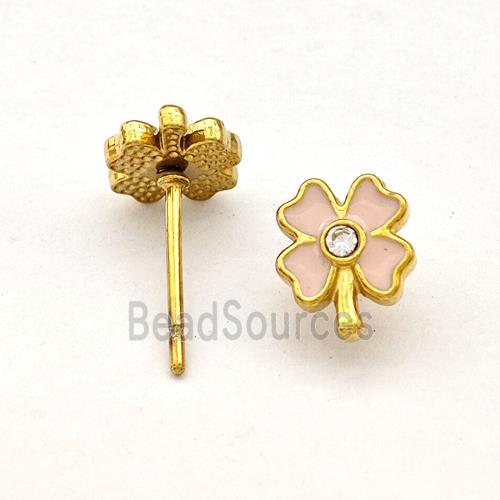 Stainless Steel Clover Stud Earring Pink Enamel Gold Plated