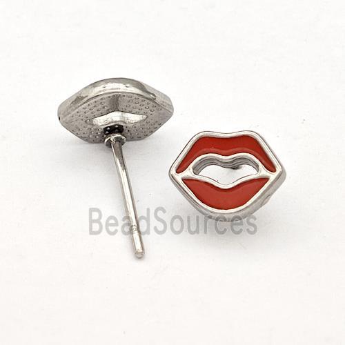 Raw Stainless Steel Lip Stud Earring Red Enamel