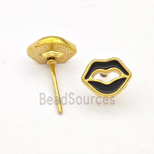 Stainless Steel Lip Stud Earring Black Enamel Gold Plated