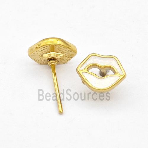 Stainless Steel Lip Stud Earring White Enamel Gold Plated