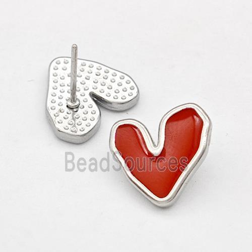 Raw Stainless Steel Heart Stud Earring Red Enamel