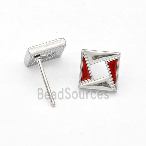 Raw Stainless Steel Square Stud Earring Red Enamel