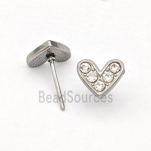 Raw Stainless Steel Hear Stud Earrings Pave Rhinestone