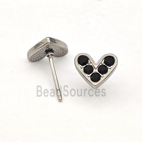 Raw Stainless Steel Hear Stud Earrings Pave Black Rhinestone