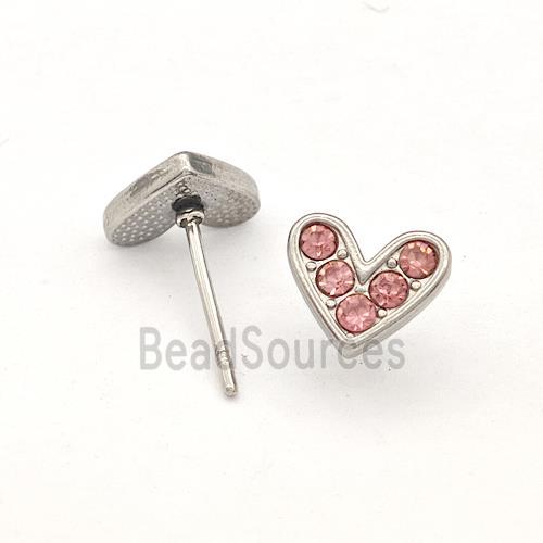 Raw Stainless Steel Hear Stud Earrings Pave Pink Rhinestone