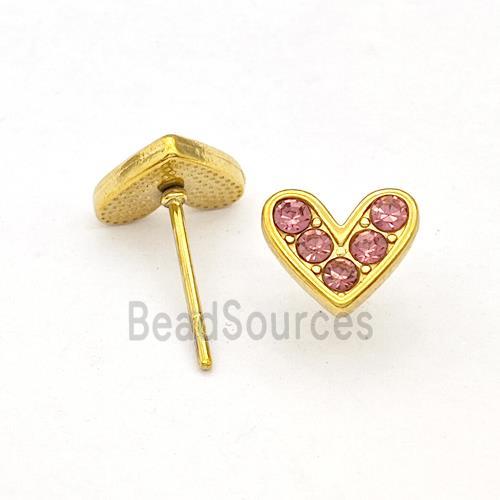 Stainless Steel Hear Stud Earrings Pave Pink Rhinestone Gold Plated