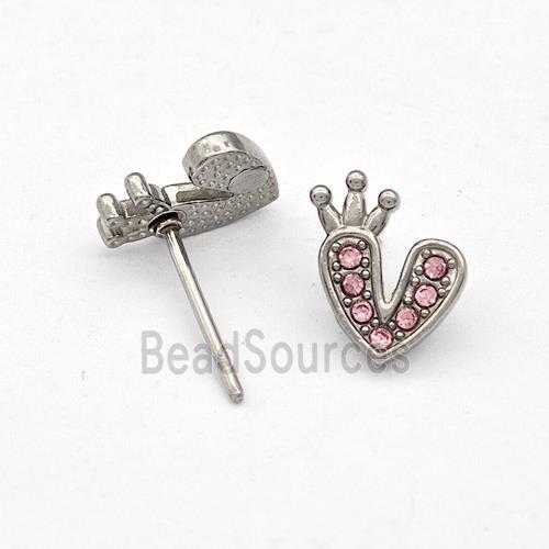 Raw Stainless Steel Heart Stud Earrings Pave Pink Rhinestone Crown