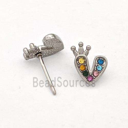 Raw Stainless Steel Heart Stud Earrings Pave Multicolor Rhinestone Crown